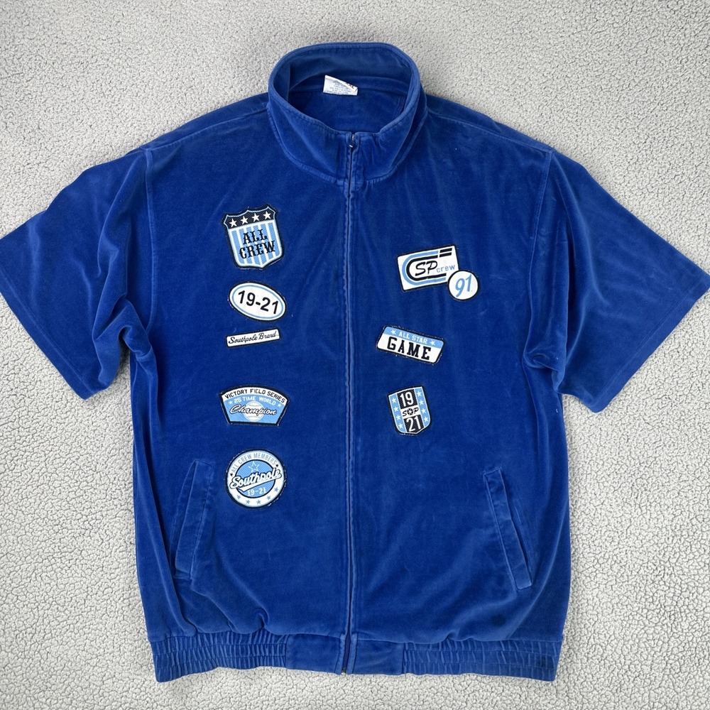 VTG Southpole Velvet Tracksuit Zip Jacket Men 2XL Blue Velour Patches Hip Hop